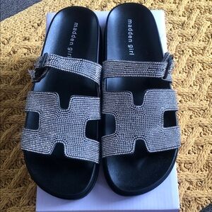 Steve Madden Black Slide Sandals with Silver Rhinestone Straps
